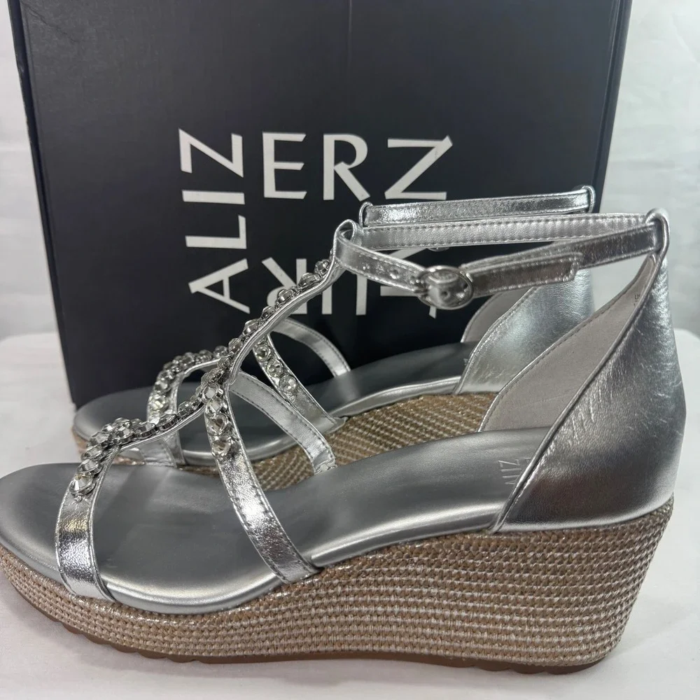 New Naturalizer Serena Silver Metallic Rhinestone Espadrille Wedge‎ Sandal Sz 13